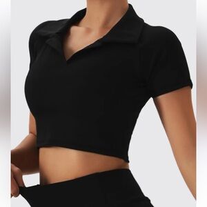 Black Polo Golf Short Sleeve Collared Crop Top